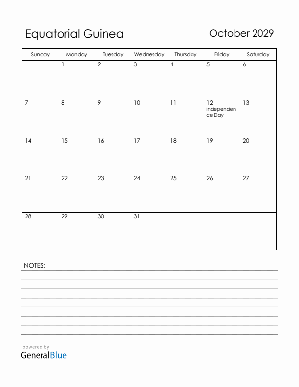 October 2029 Equatorial Guinea Calendar with Holidays (Sunday Start)