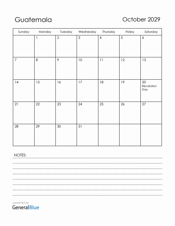 October 2029 Guatemala Calendar with Holidays (Sunday Start)