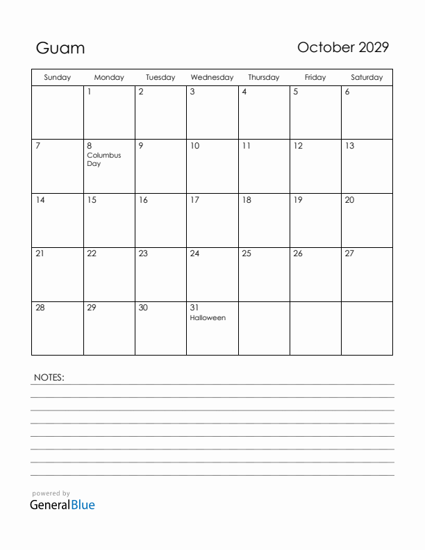 October 2029 Guam Calendar with Holidays (Sunday Start)