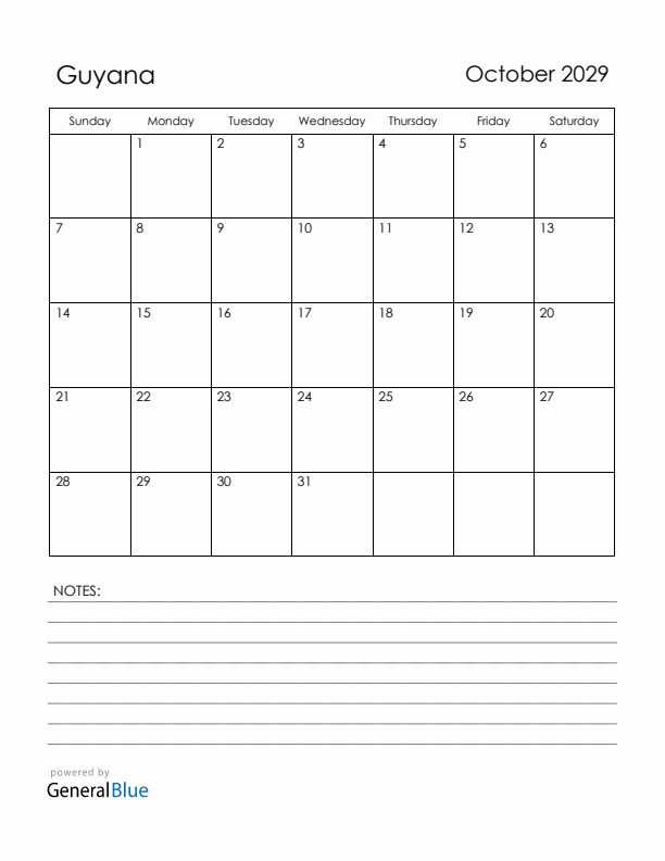 October 2029 Guyana Calendar with Holidays (Sunday Start)