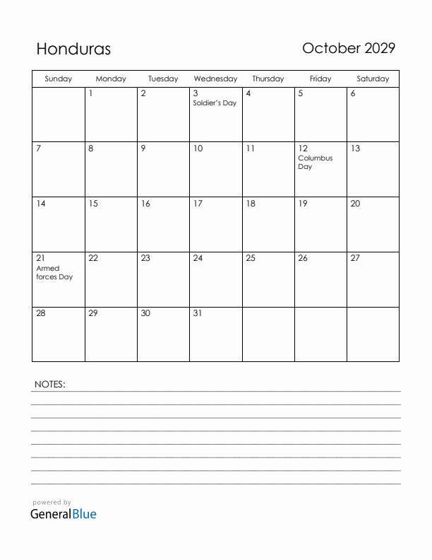 October 2029 Honduras Calendar with Holidays (Sunday Start)