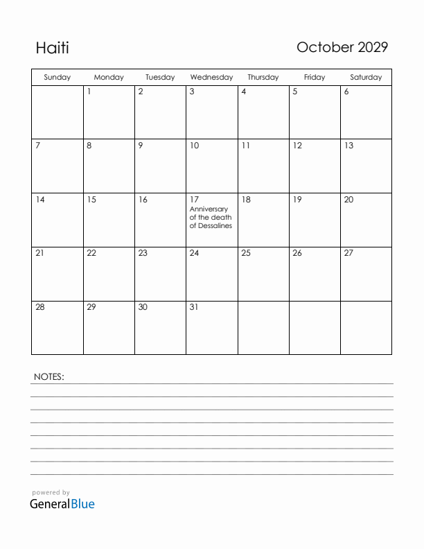 October 2029 Haiti Calendar with Holidays (Sunday Start)