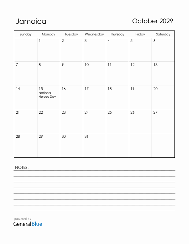 October 2029 Jamaica Calendar with Holidays (Sunday Start)