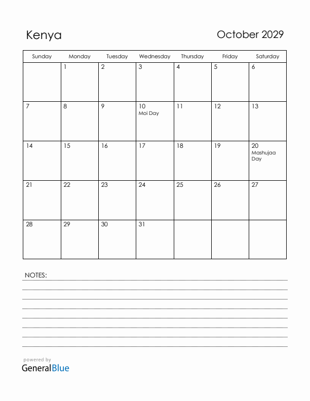 October 2029 Kenya Calendar with Holidays (Sunday Start)