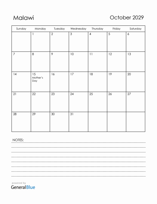 October 2029 Malawi Calendar with Holidays (Sunday Start)