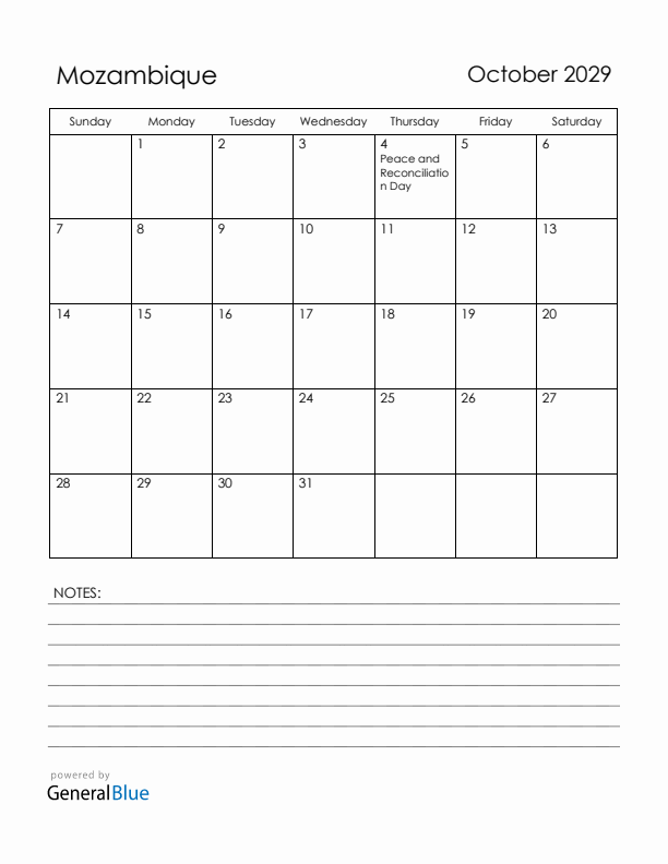 October 2029 Mozambique Calendar with Holidays (Sunday Start)