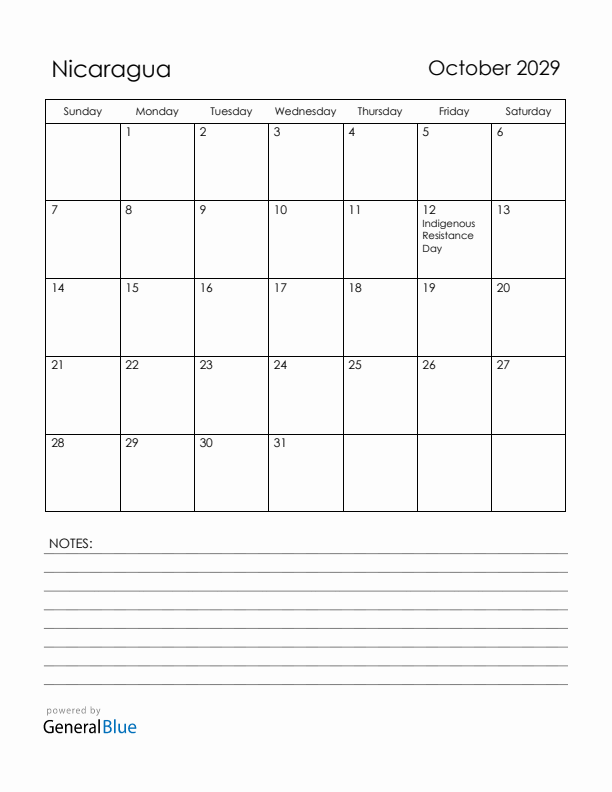 October 2029 Nicaragua Calendar with Holidays (Sunday Start)