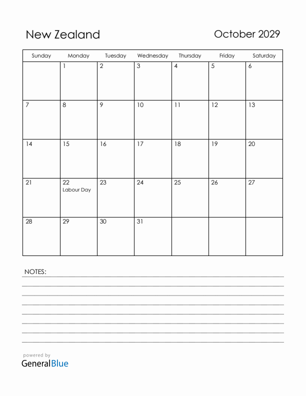 October 2029 New Zealand Calendar with Holidays (Sunday Start)