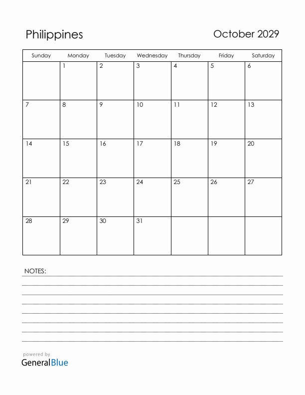 October 2029 Philippines Calendar with Holidays (Sunday Start)