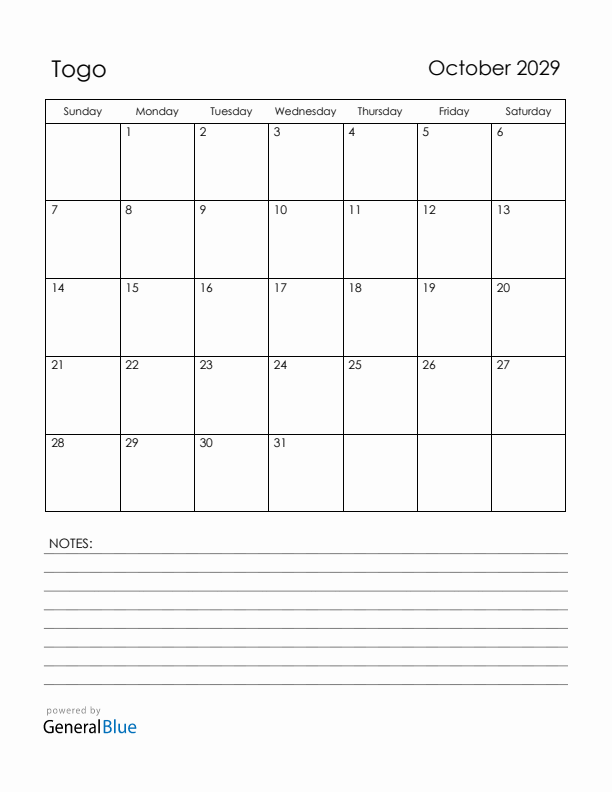 October 2029 Togo Calendar with Holidays (Sunday Start)
