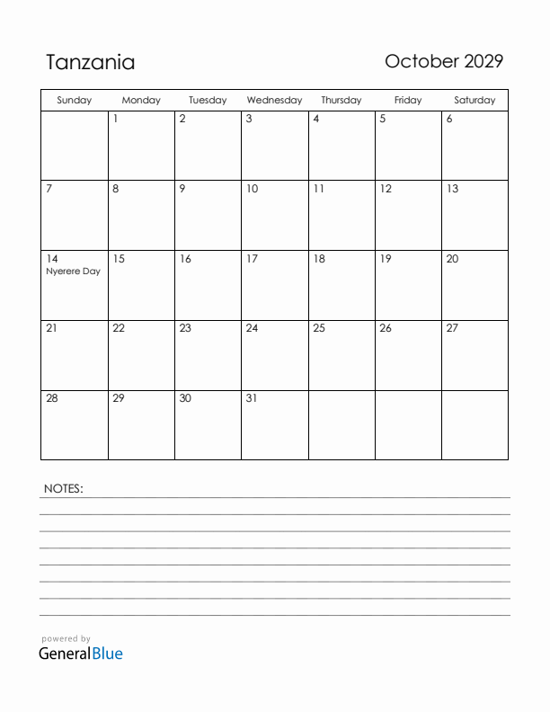 October 2029 Tanzania Calendar with Holidays (Sunday Start)