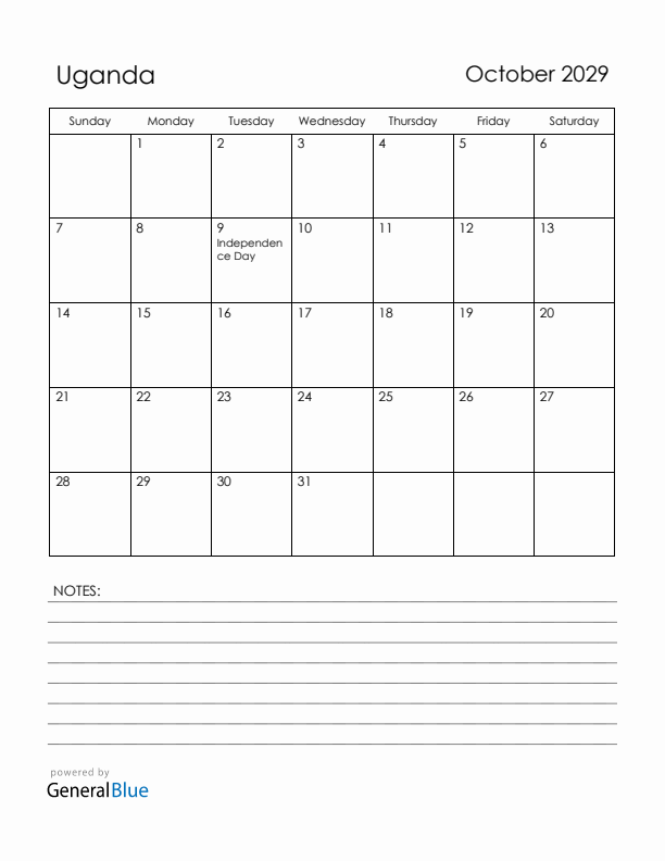 October 2029 Uganda Calendar with Holidays (Sunday Start)