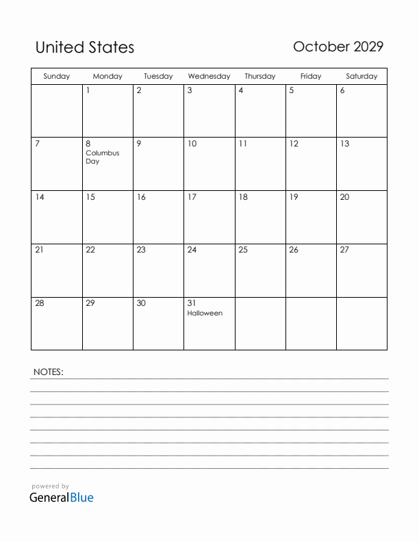 October 2029 United States Calendar with Holidays (Sunday Start)