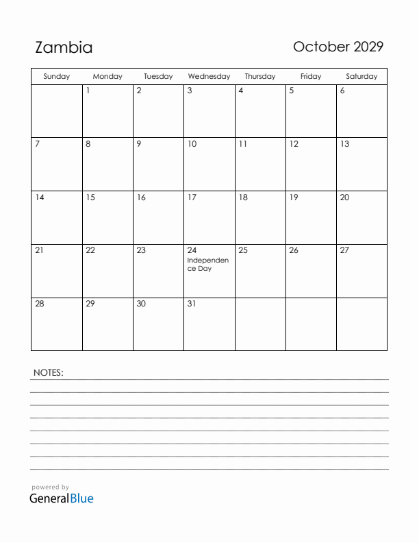 October 2029 Zambia Calendar with Holidays (Sunday Start)