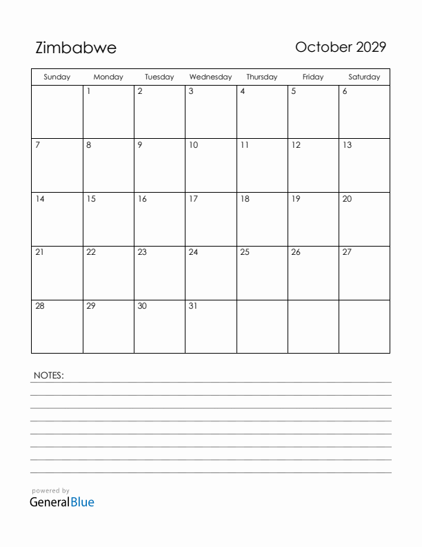 October 2029 Zimbabwe Calendar with Holidays (Sunday Start)