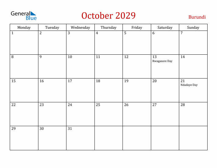 Burundi October 2029 Calendar - Monday Start