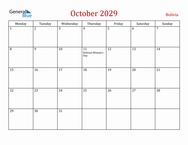 Bolivia October 2029 Calendar - Monday Start