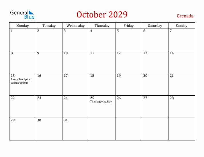 Grenada October 2029 Calendar - Monday Start