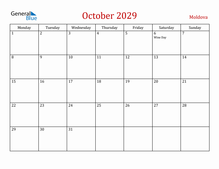 Moldova October 2029 Calendar - Monday Start