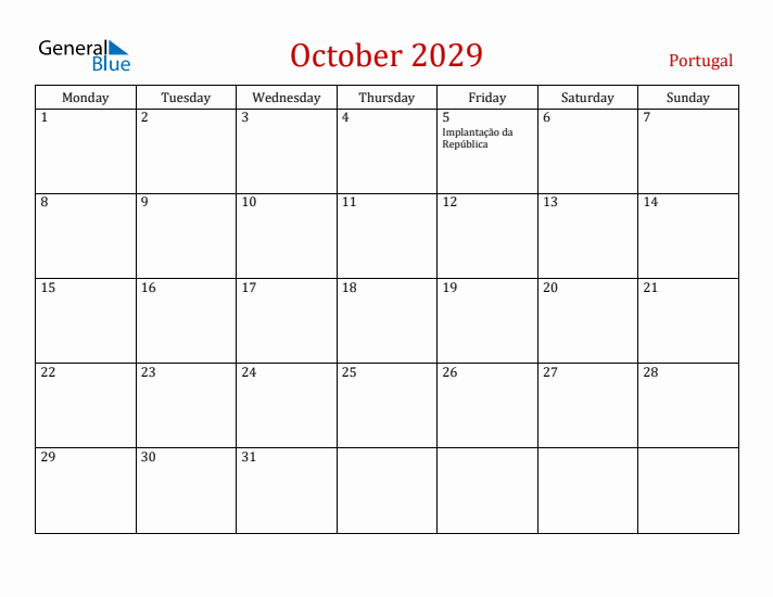 Portugal October 2029 Calendar - Monday Start