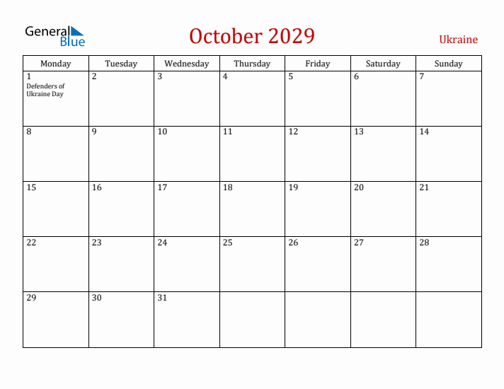 Ukraine October 2029 Calendar - Monday Start