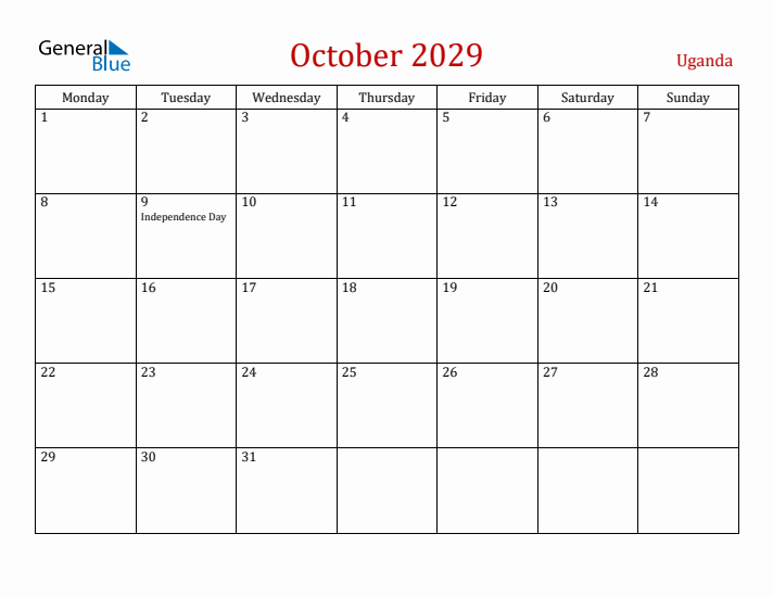 Uganda October 2029 Calendar - Monday Start