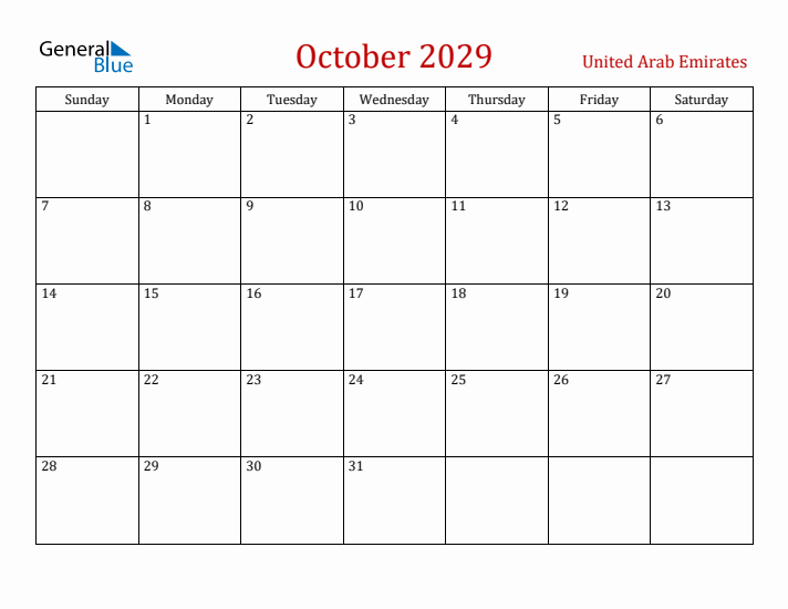 United Arab Emirates October 2029 Calendar - Sunday Start