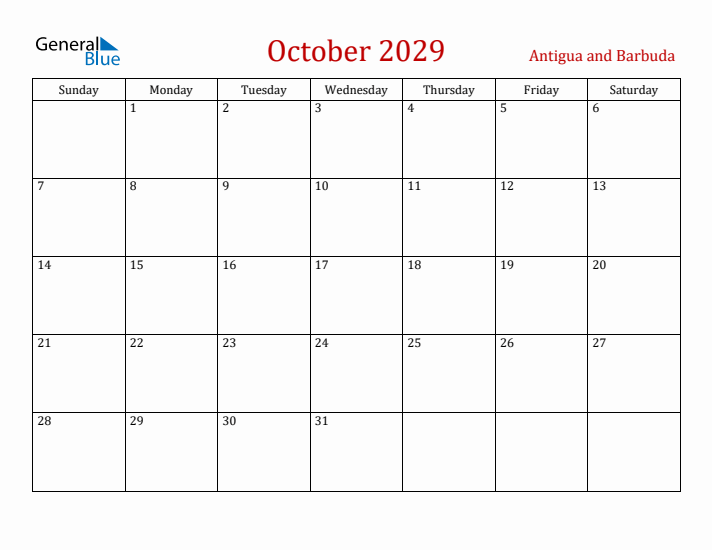Antigua and Barbuda October 2029 Calendar - Sunday Start
