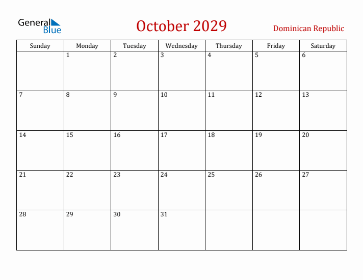 Dominican Republic October 2029 Calendar - Sunday Start