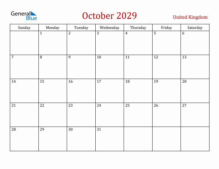 United Kingdom October 2029 Calendar - Sunday Start
