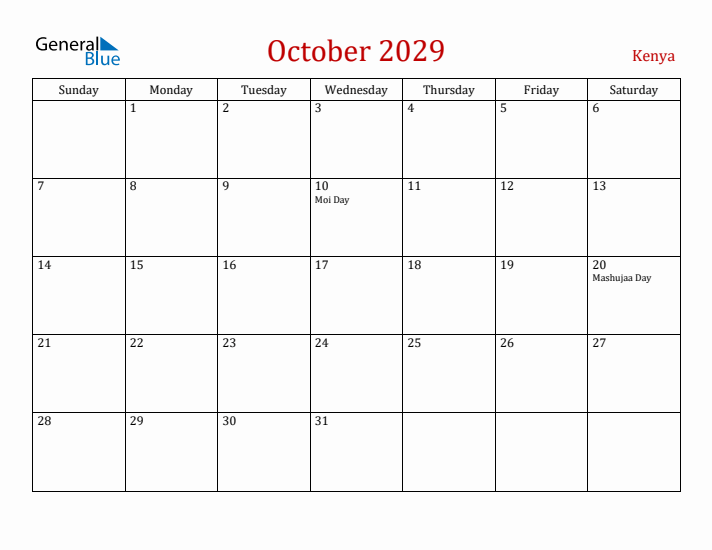 Kenya October 2029 Calendar - Sunday Start
