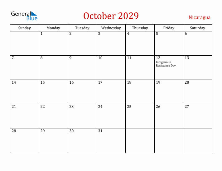 Nicaragua October 2029 Calendar - Sunday Start