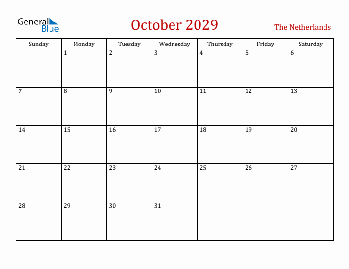 The Netherlands October 2029 Calendar - Sunday Start