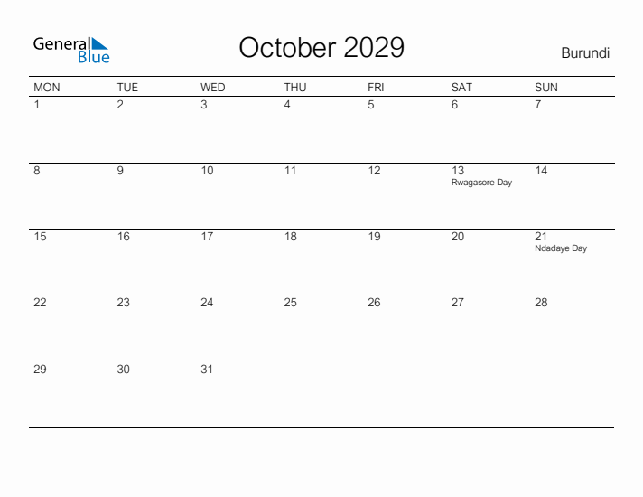 Printable October 2029 Calendar for Burundi