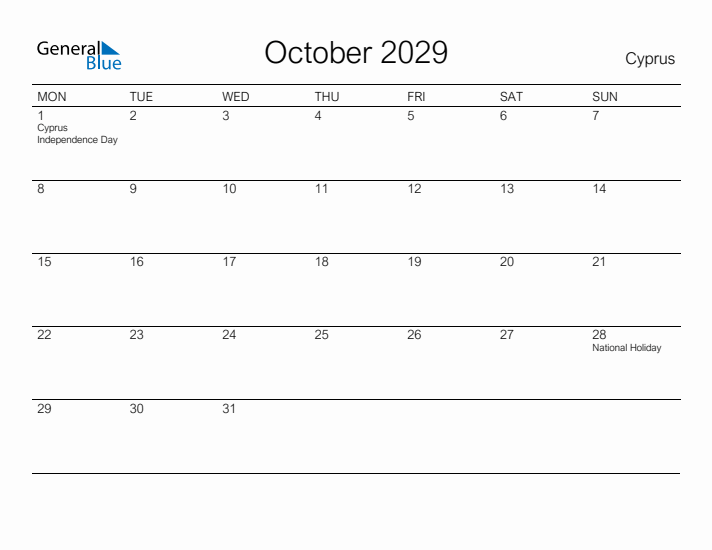 Printable October 2029 Calendar for Cyprus