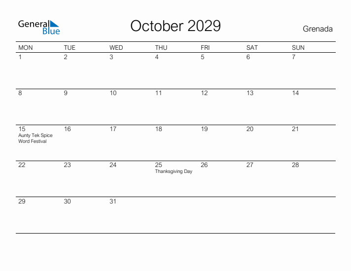 Printable October 2029 Calendar for Grenada