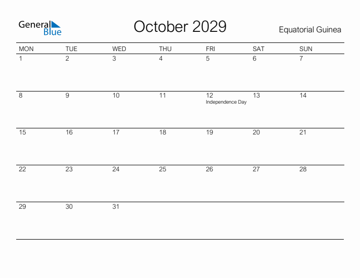 Printable October 2029 Calendar for Equatorial Guinea
