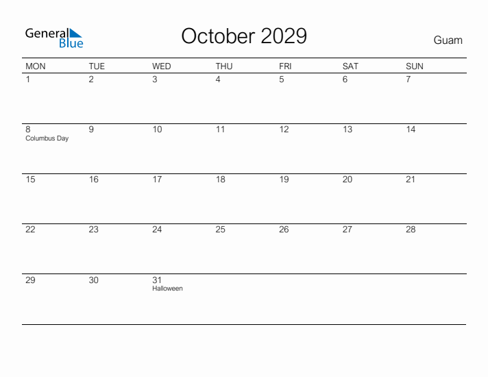 Printable October 2029 Calendar for Guam
