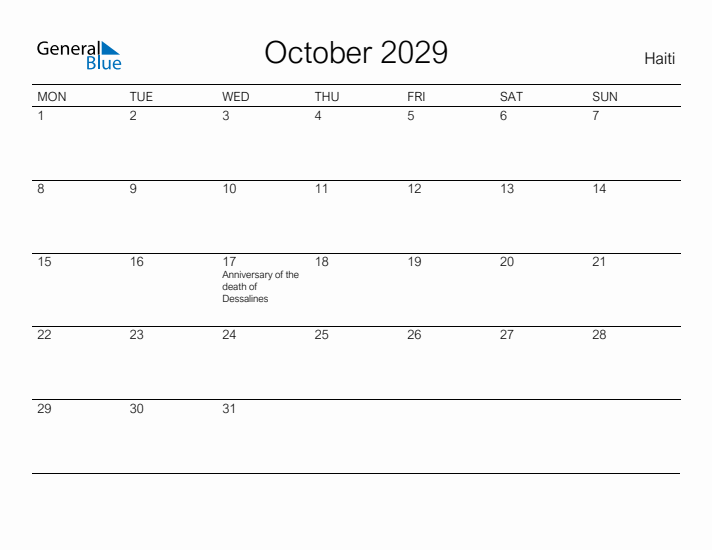 Printable October 2029 Calendar for Haiti