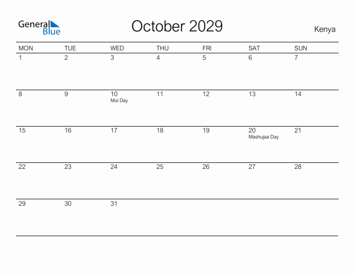 Printable October 2029 Calendar for Kenya