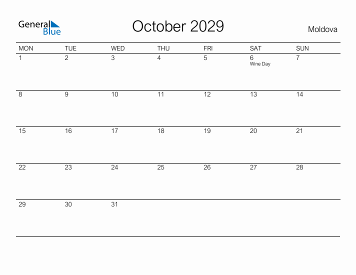Printable October 2029 Calendar for Moldova