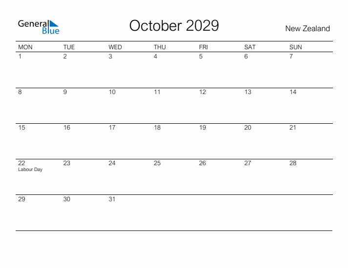 Printable October 2029 Calendar for New Zealand