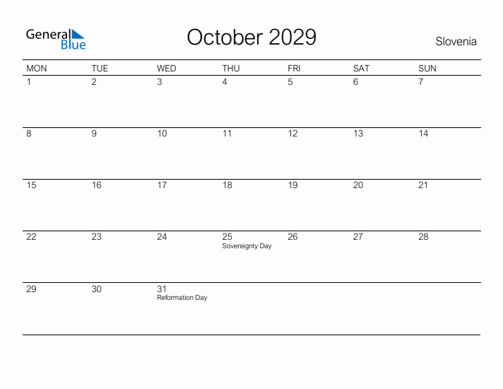 Printable October 2029 Calendar for Slovenia