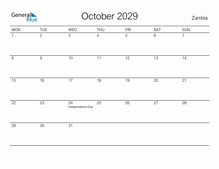 Printable October 2029 Calendar for Zambia