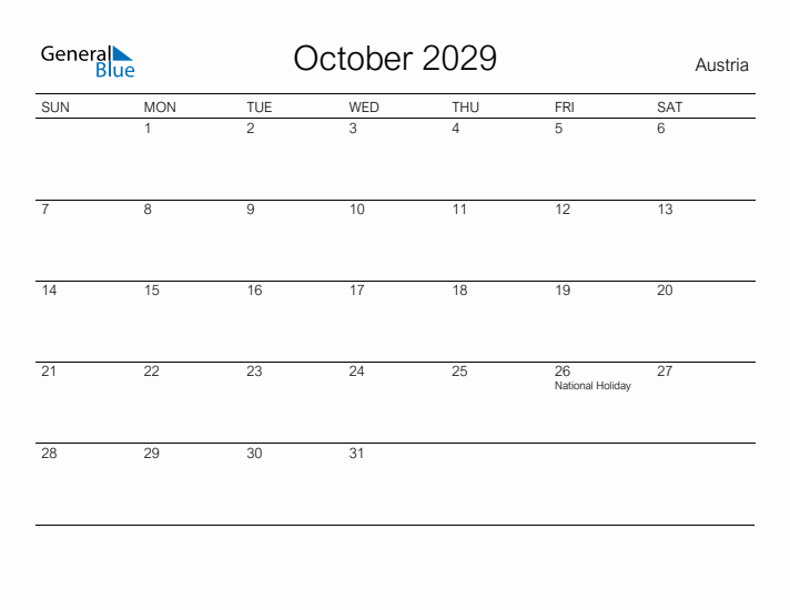 Printable October 2029 Calendar for Austria