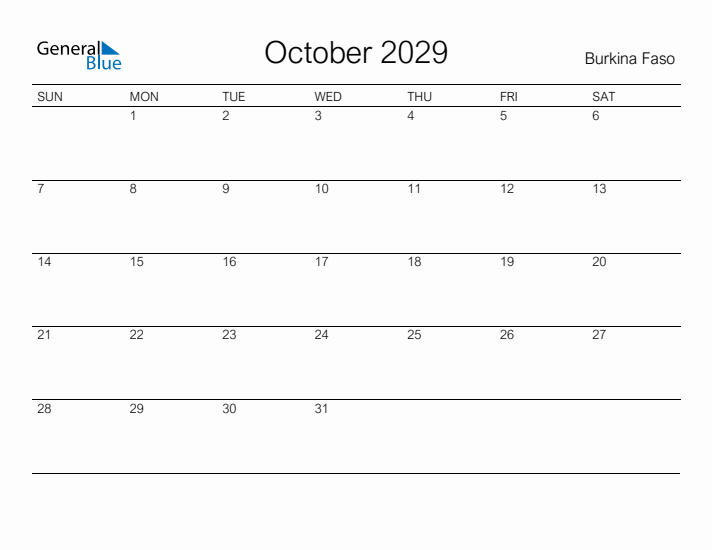 Printable October 2029 Calendar for Burkina Faso