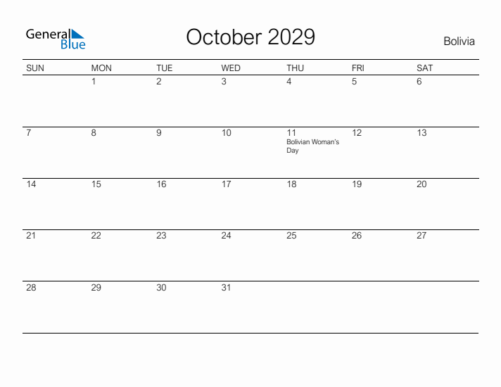 Printable October 2029 Calendar for Bolivia