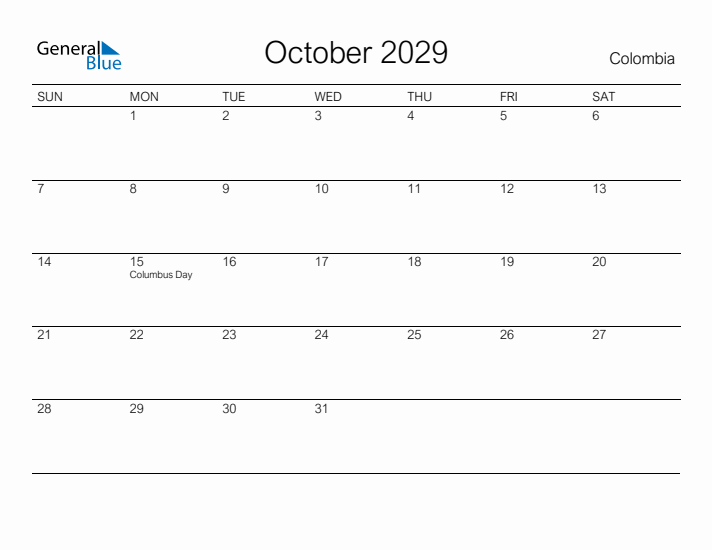Printable October 2029 Calendar for Colombia
