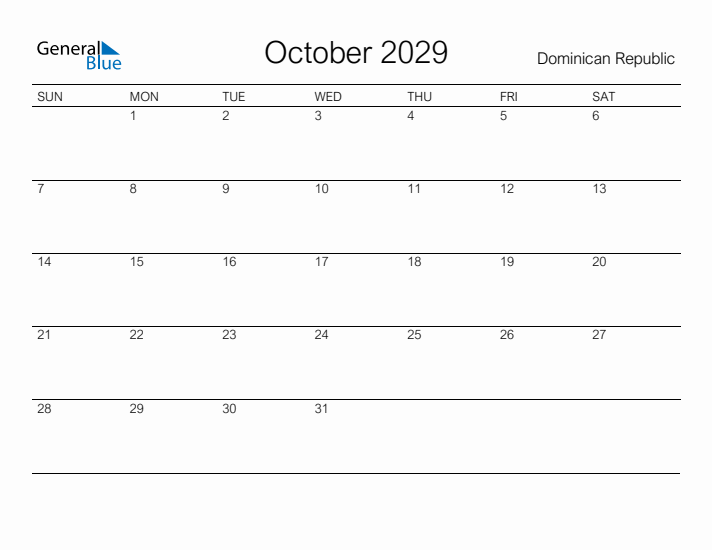 Printable October 2029 Calendar for Dominican Republic