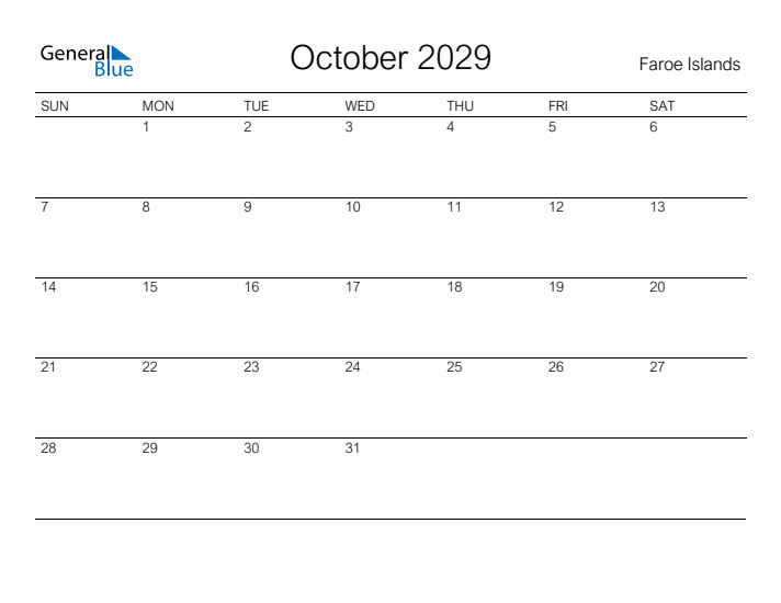 Printable October 2029 Calendar for Faroe Islands